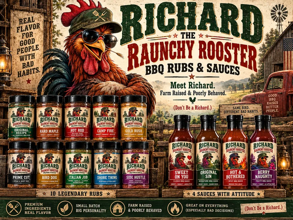Richard the rooster with a rustic New Hampshire farm-inspired product collection