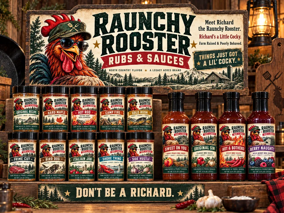 Raunchy Rooster farm stand concept with rubs and sauces
