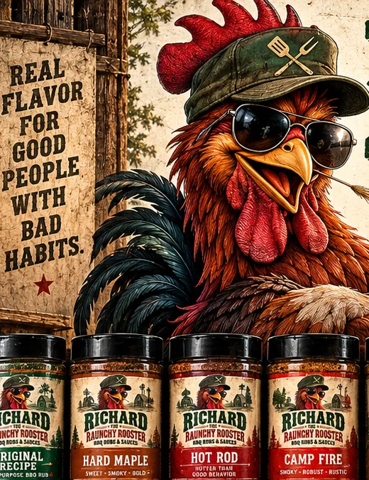 Richard the Raunchy Rooster wearing sunglasses and a green grilling cap