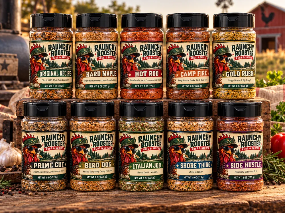 Ten Raunchy Rooster seasoning rub jar concepts
