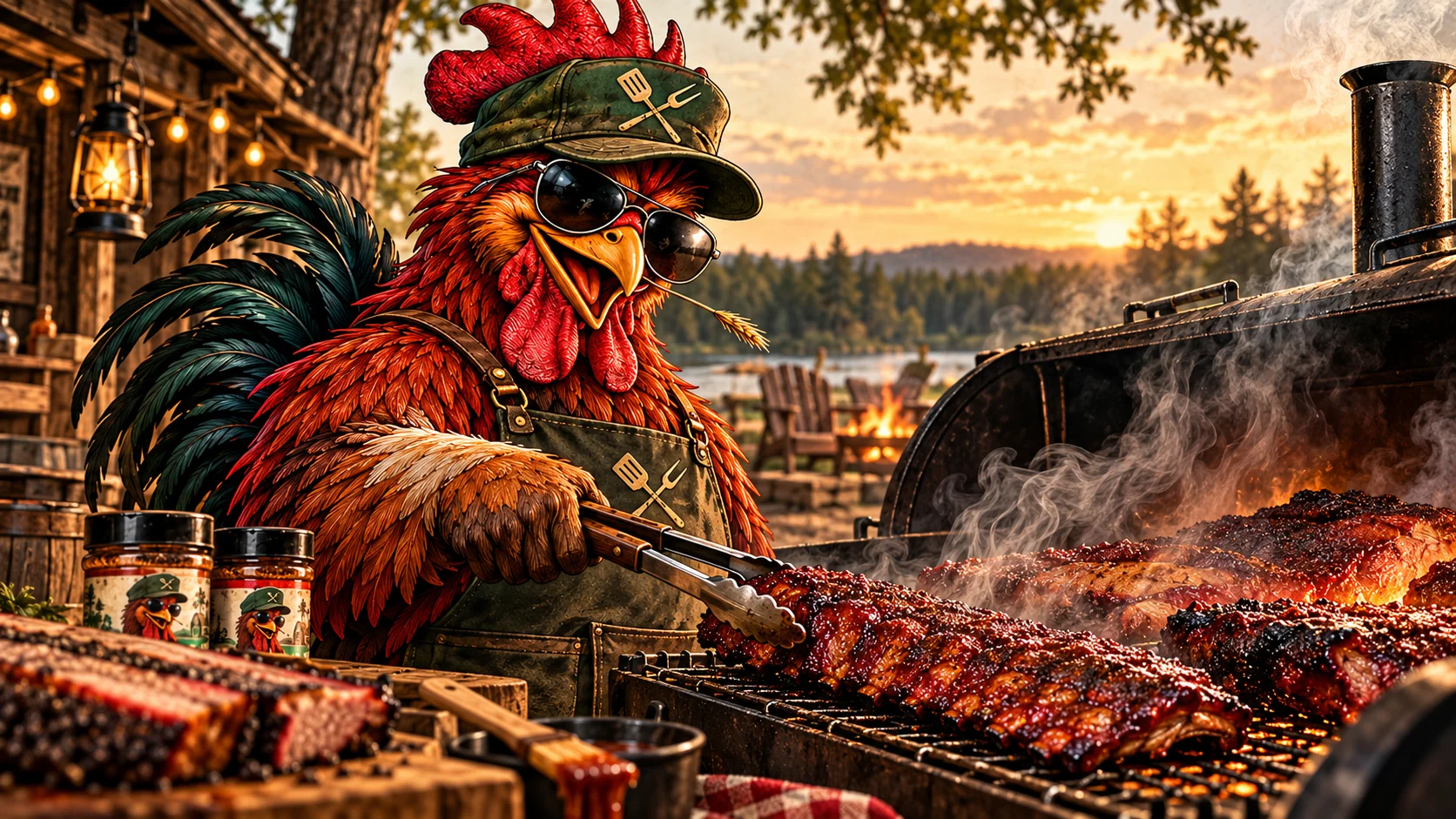 Richard the Raunchy Rooster in sunglasses and a green grilling cap smoking ribs at an outdoor smoker at sunset