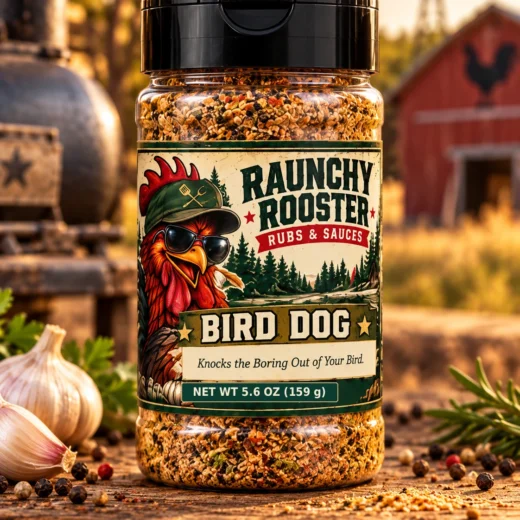Illustrative mockup of Raunchy Rooster Bird Dog BBQ rub, 5.6 oz net weight