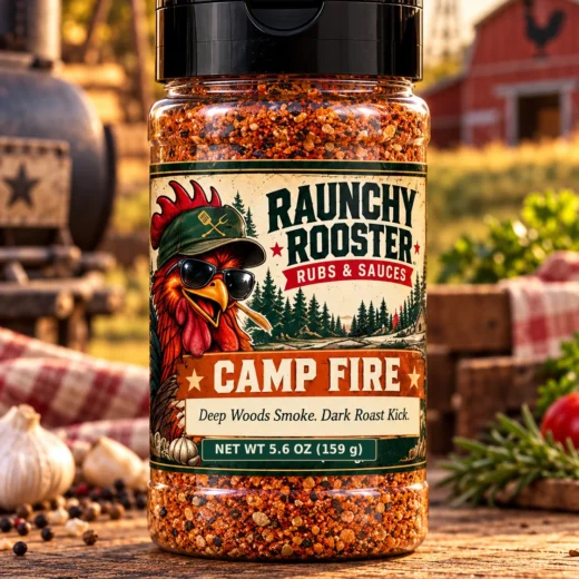 Illustrative mockup of Raunchy Rooster Camp Fire BBQ rub, 5.6 oz net weight