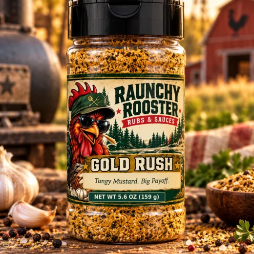 Illustrative mockup of Raunchy Rooster Gold Rush BBQ rub, 5.6 oz net weight
