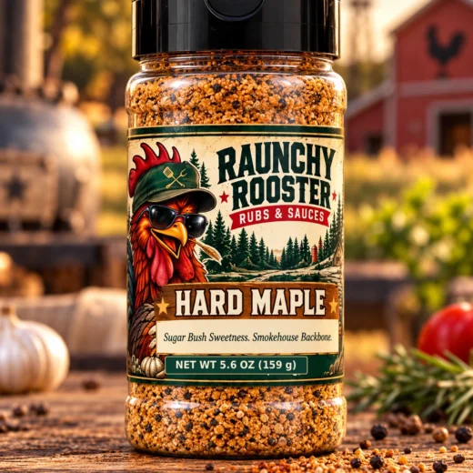 Illustrative mockup of Raunchy Rooster Hard Maple BBQ rub, 5.6 oz net weight