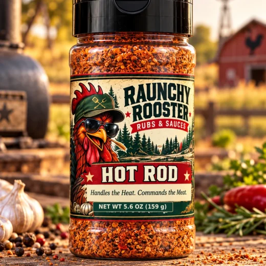 Illustrative mockup of Raunchy Rooster Hot Rod BBQ rub, 5.6 oz net weight