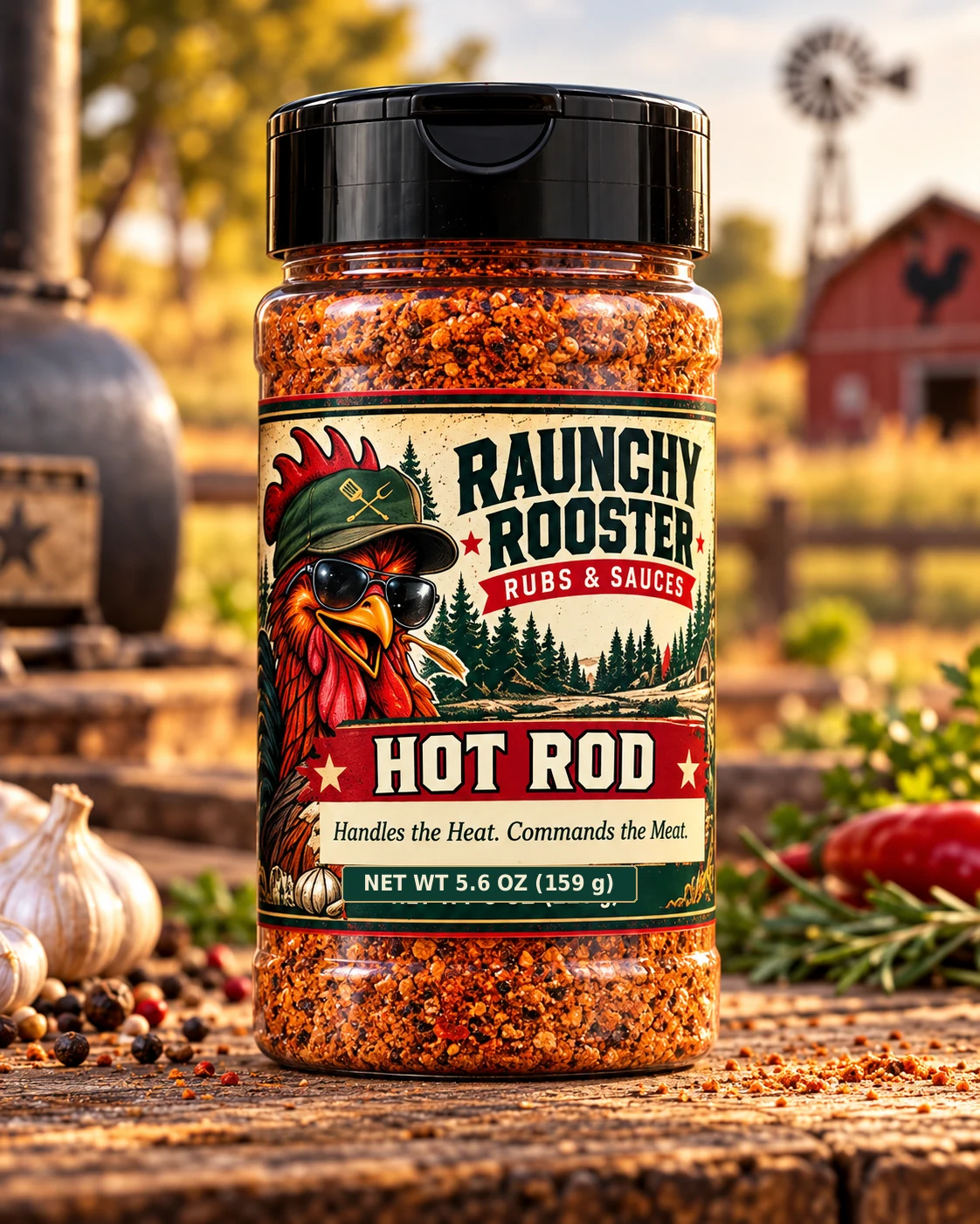 Illustrative mockup of Raunchy Rooster Hot Rod BBQ rub, 5.6 oz net weight