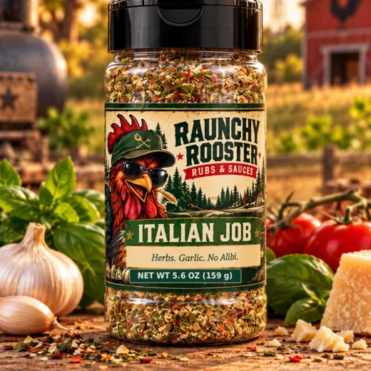 Illustrative mockup of Raunchy Rooster Italian Job BBQ rub, 5.6 oz net weight