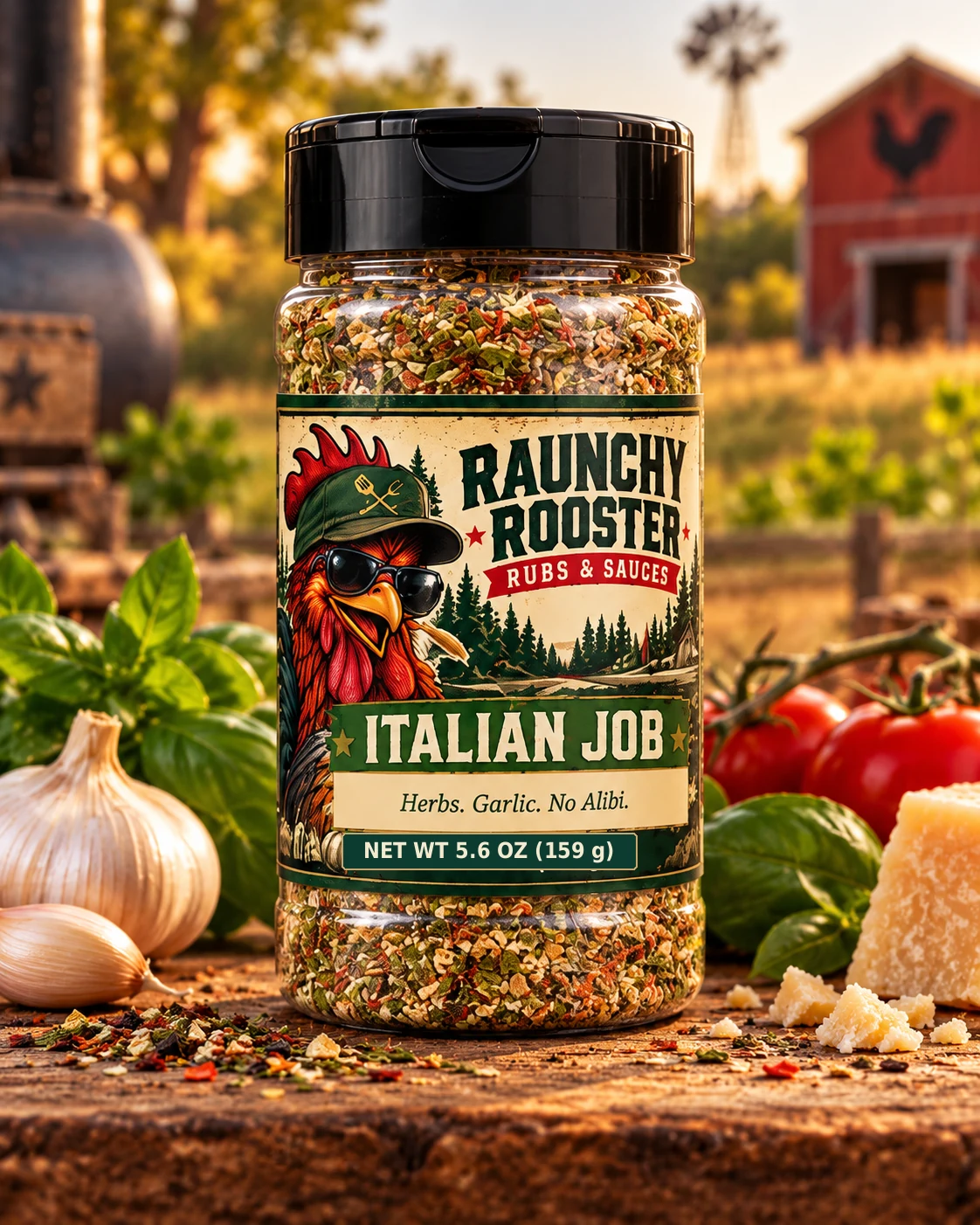 Illustrative mockup of Raunchy Rooster Italian Job BBQ rub, 5.6 oz net weight