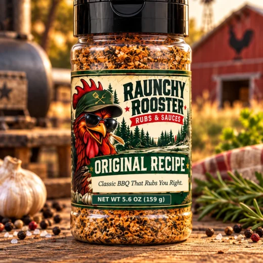 Illustrative mockup of Raunchy Rooster Original Recipe BBQ rub, 5.6 oz net weight