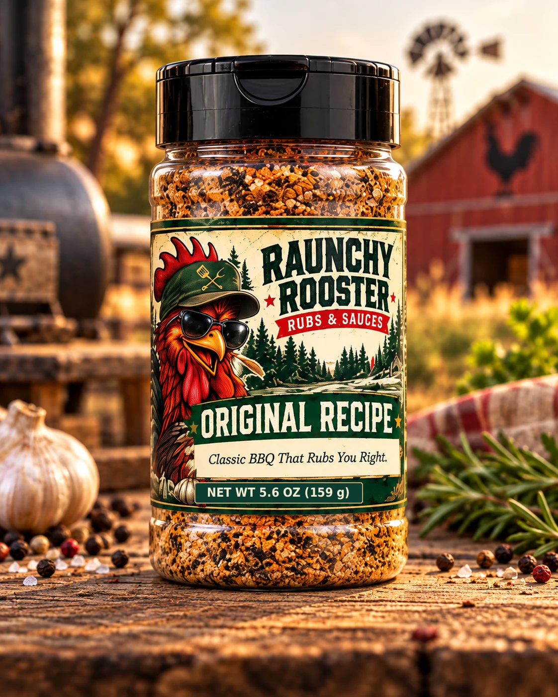 Illustrative mockup of Raunchy Rooster Original Recipe BBQ rub, 5.6 oz net weight