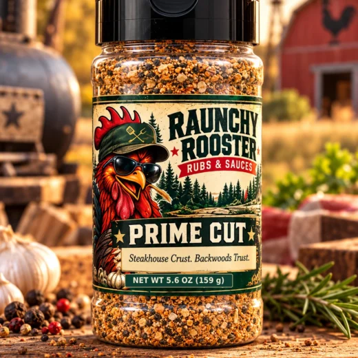 Illustrative mockup of Raunchy Rooster Prime Cut BBQ rub, 5.6 oz net weight