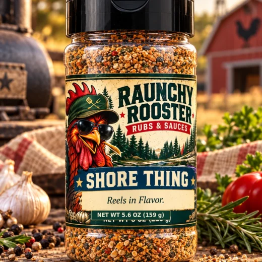 Illustrative mockup of Raunchy Rooster Shore Thing BBQ rub, 5.6 oz net weight