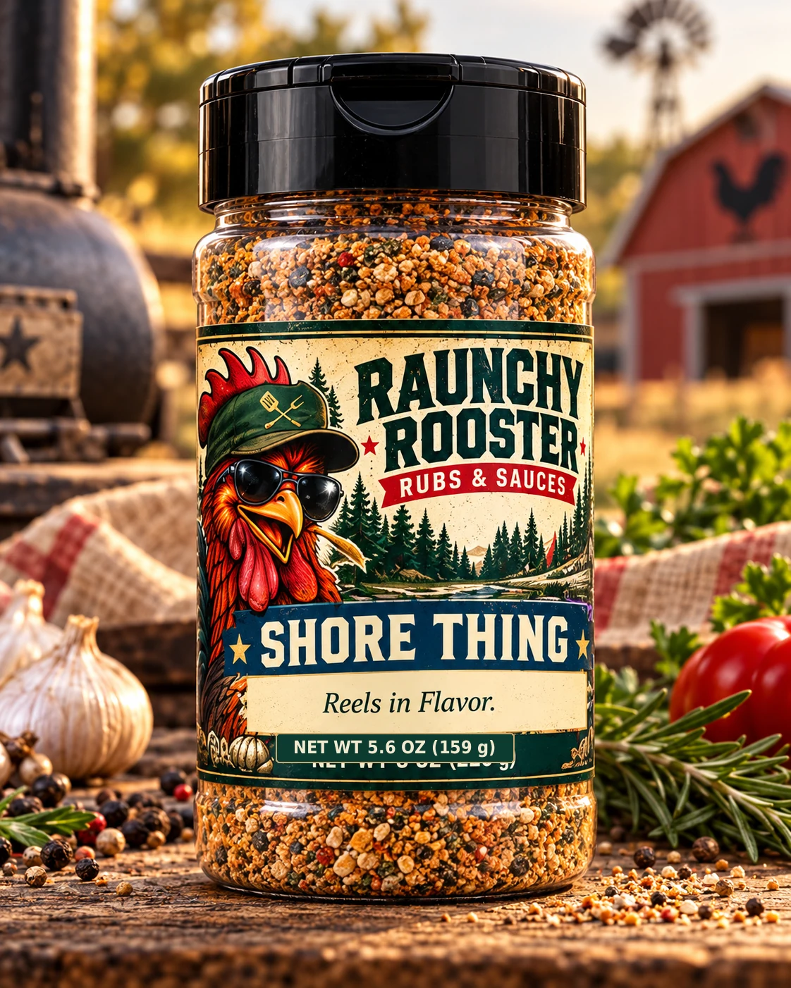Illustrative mockup of Raunchy Rooster Shore Thing BBQ rub, 5.6 oz net weight