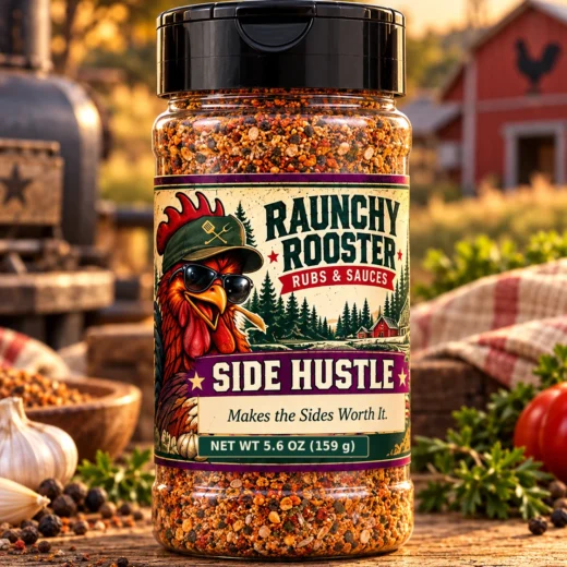 Illustrative mockup of Raunchy Rooster Side Hustle BBQ rub, 5.6 oz net weight