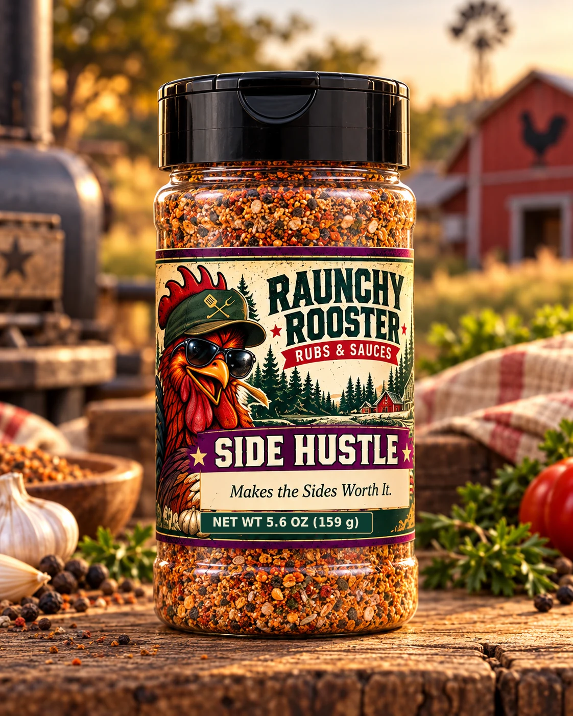 Illustrative mockup of Raunchy Rooster Side Hustle BBQ rub, 5.6 oz net weight